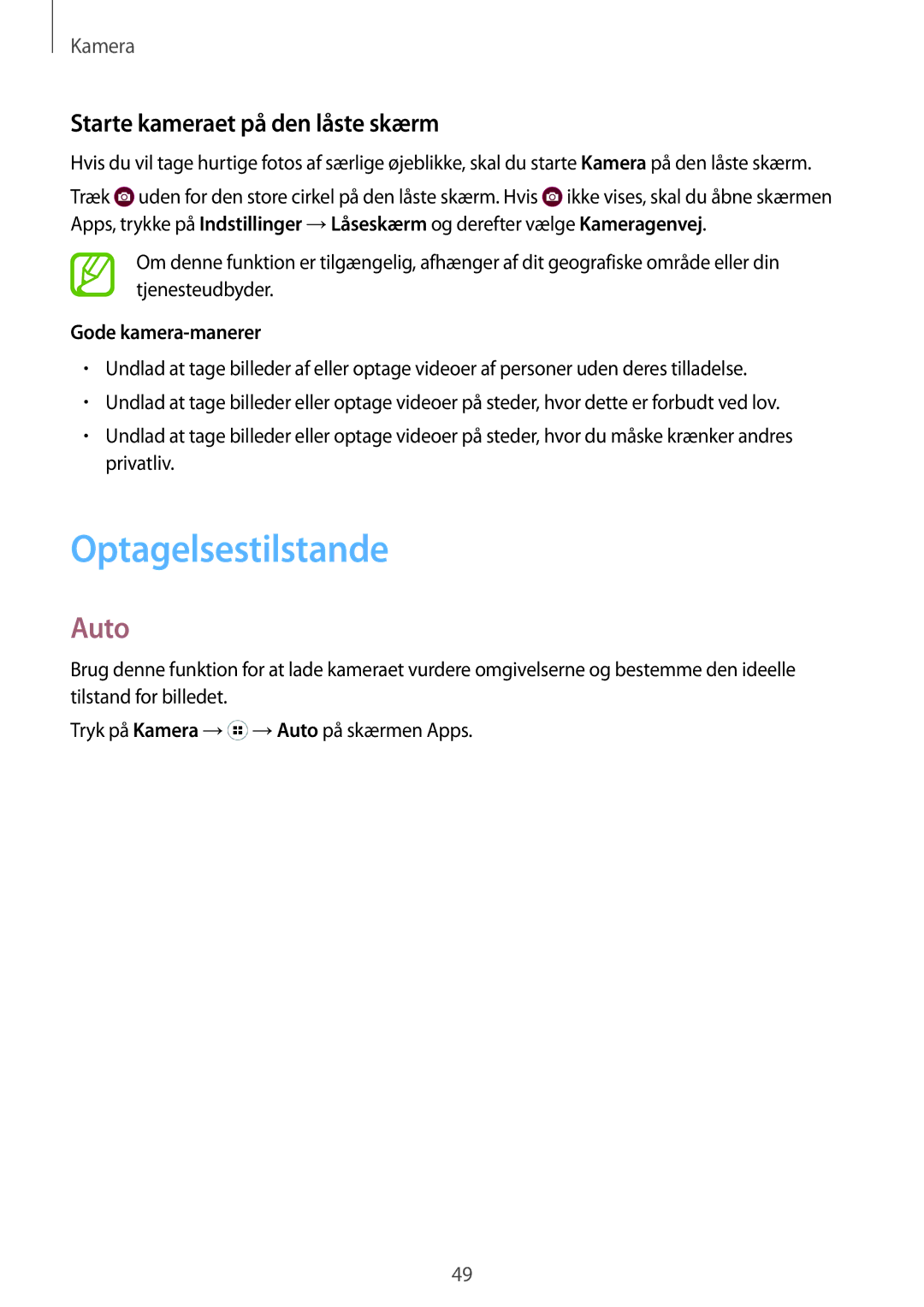 Samsung SM-G318HZKANEE, SM-G318HRWANEE Optagelsestilstande, Auto, Starte kameraet på den låste skærm, Gode kamera-manerer 