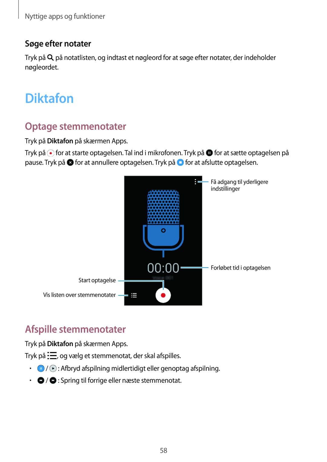 Samsung SM-G318HRWANEE, SM-G318HZKANEE manual Diktafon, Optage stemmenotater, Afspille stemmenotater, Søge efter notater 