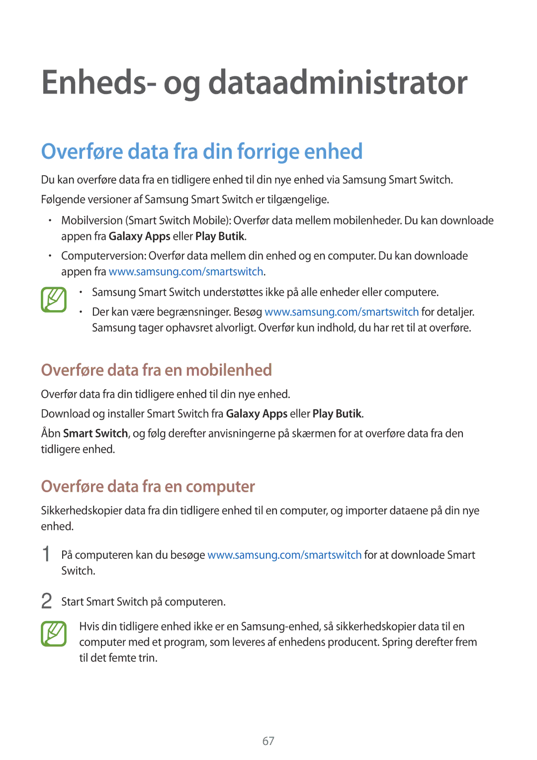 Samsung SM-G318HZKANEE Overføre data fra din forrige enhed, Overføre data fra en mobilenhed, Overføre data fra en computer 