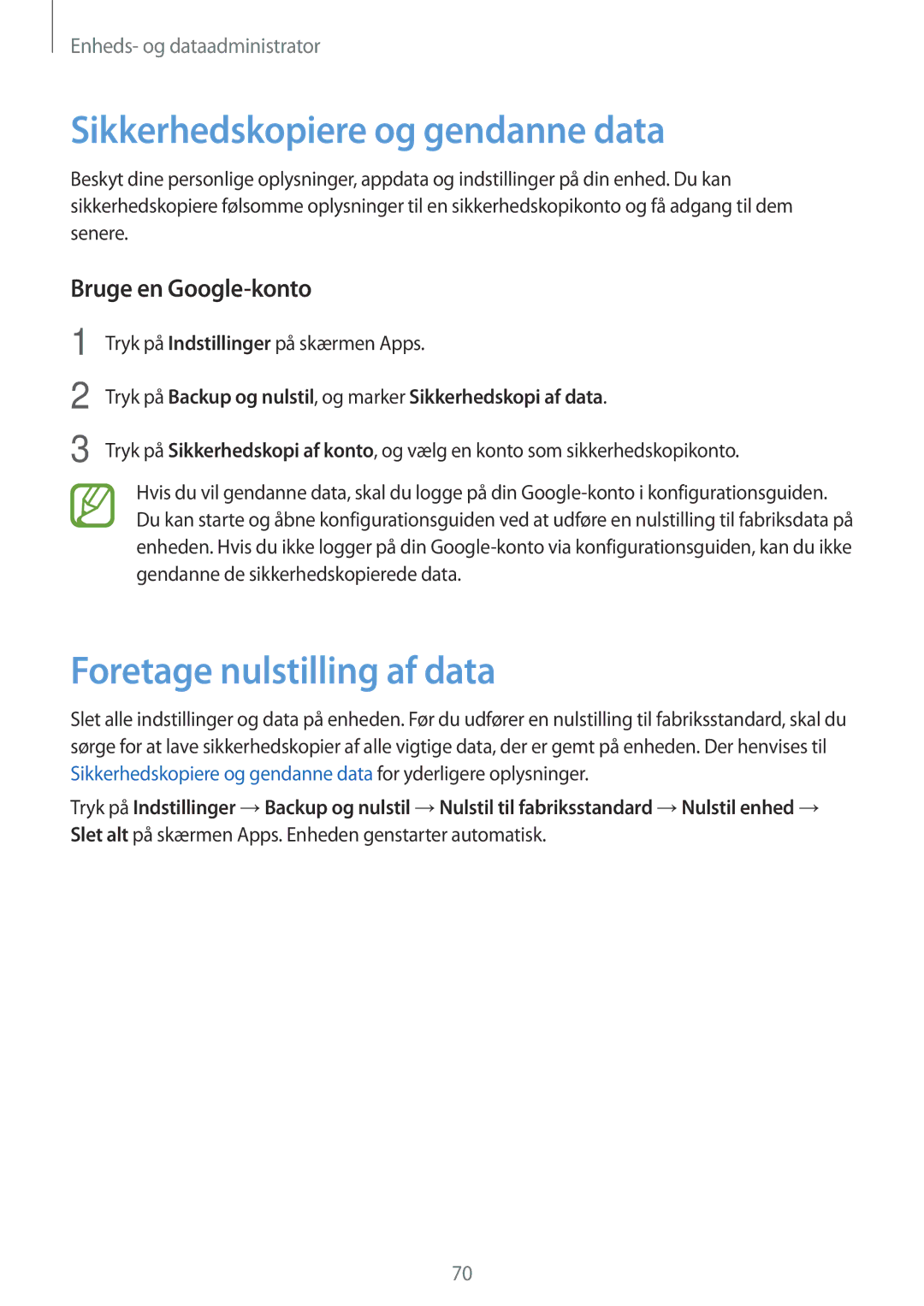 Samsung SM-G318HRWANEE manual Sikkerhedskopiere og gendanne data, Foretage nulstilling af data, Bruge en Google-konto 