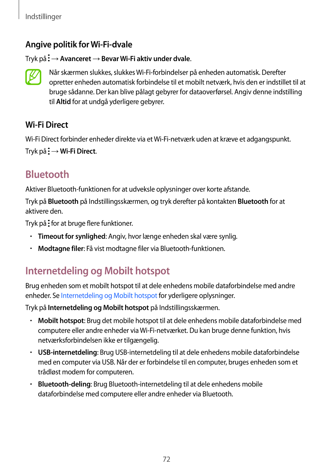 Samsung SM-G318HRWANEE manual Bluetooth, Internetdeling og Mobilt hotspot, Angive politik for Wi-Fi-dvale, Wi-Fi Direct 