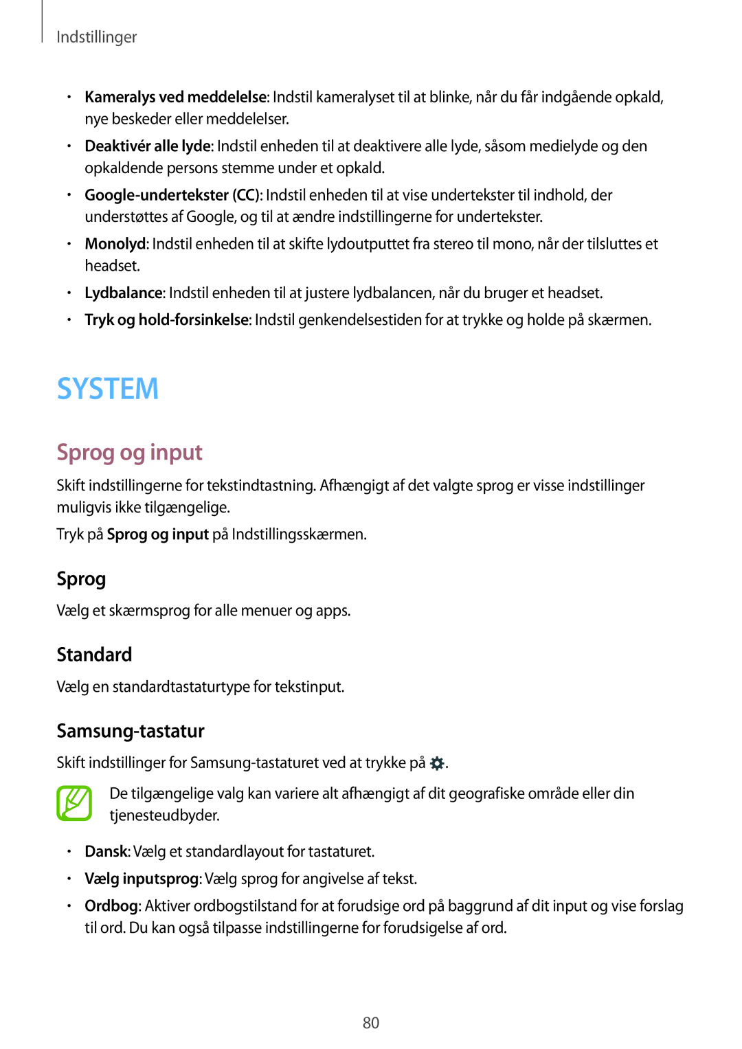 Samsung SM-G318HRWANEE, SM-G318HZKANEE manual Sprog og input, Standard, Samsung-tastatur 