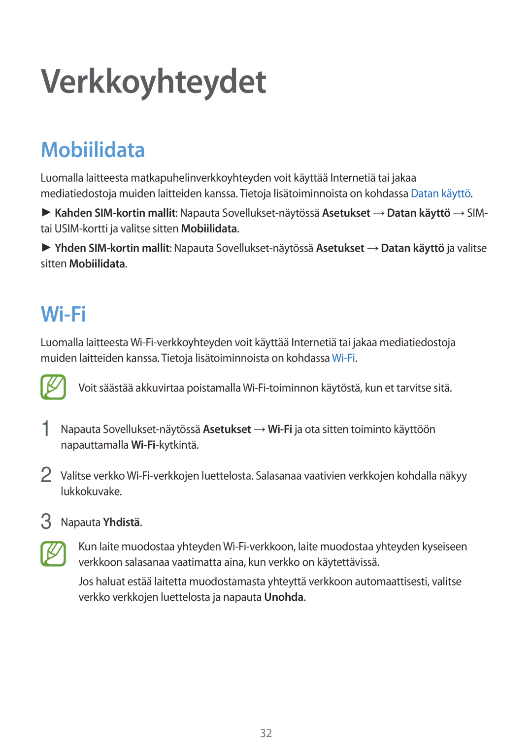 Samsung SM-G318HRWANEE, SM-G318HZKANEE manual Verkkoyhteydet, Mobiilidata, Wi-Fi 