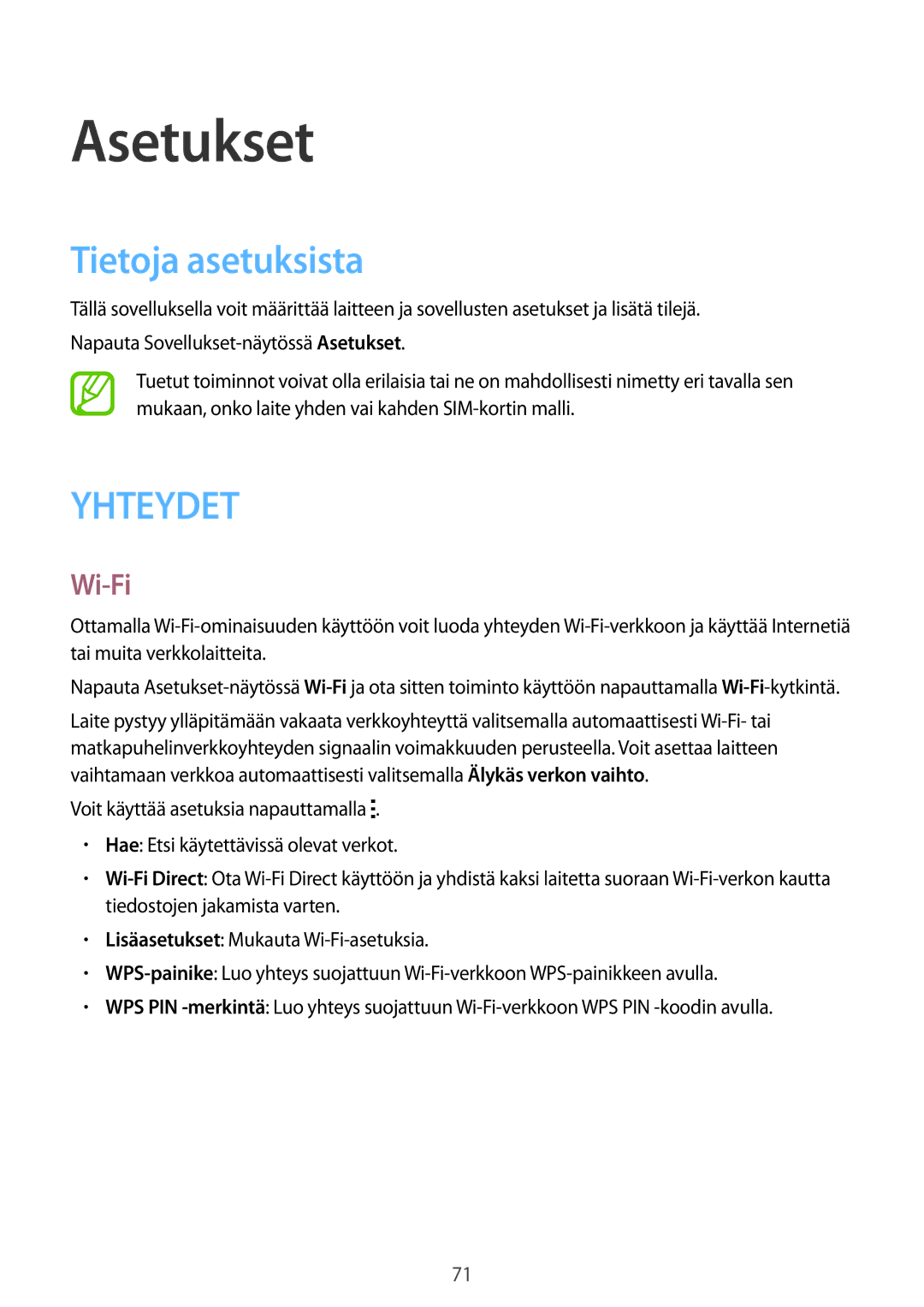Samsung SM-G318HZKANEE, SM-G318HRWANEE manual Asetukset, Tietoja asetuksista, Wi-Fi 