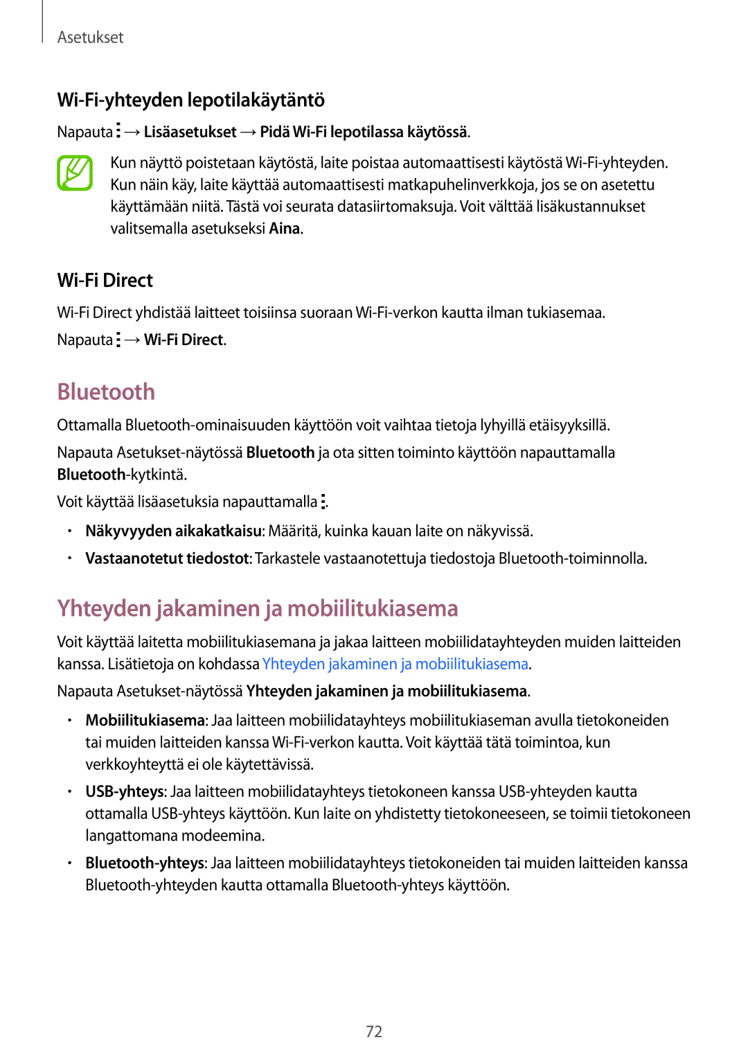 Samsung SM-G318HRWANEE Bluetooth, Yhteyden jakaminen ja mobiilitukiasema, Wi-Fi-yhteyden lepotilakäytäntö, Wi-Fi Direct 