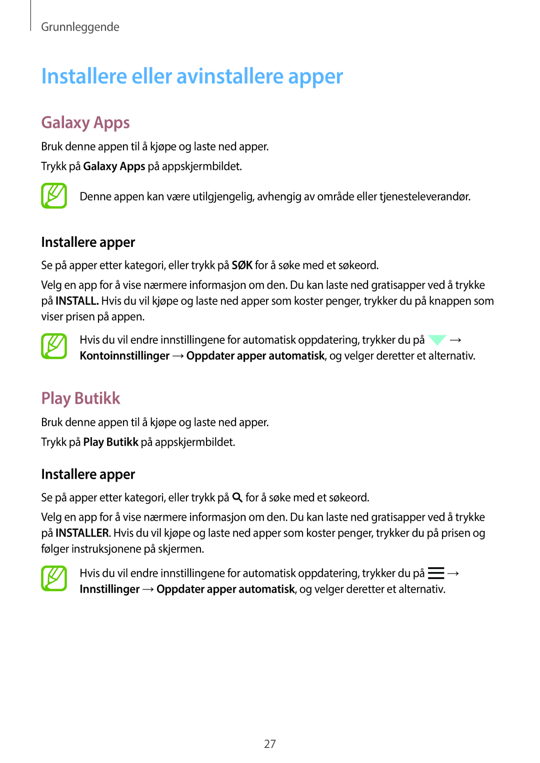 Samsung SM-G318HZKANEE, SM-G318HRWANEE Installere eller avinstallere apper, Galaxy Apps, Play Butikk, Installere apper 