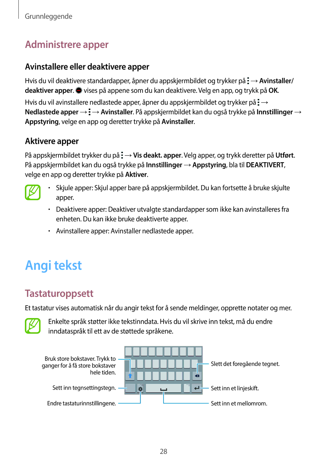 Samsung SM-G318HRWANEE manual Angi tekst, Administrere apper, Tastaturoppsett, Avinstallere eller deaktivere apper 