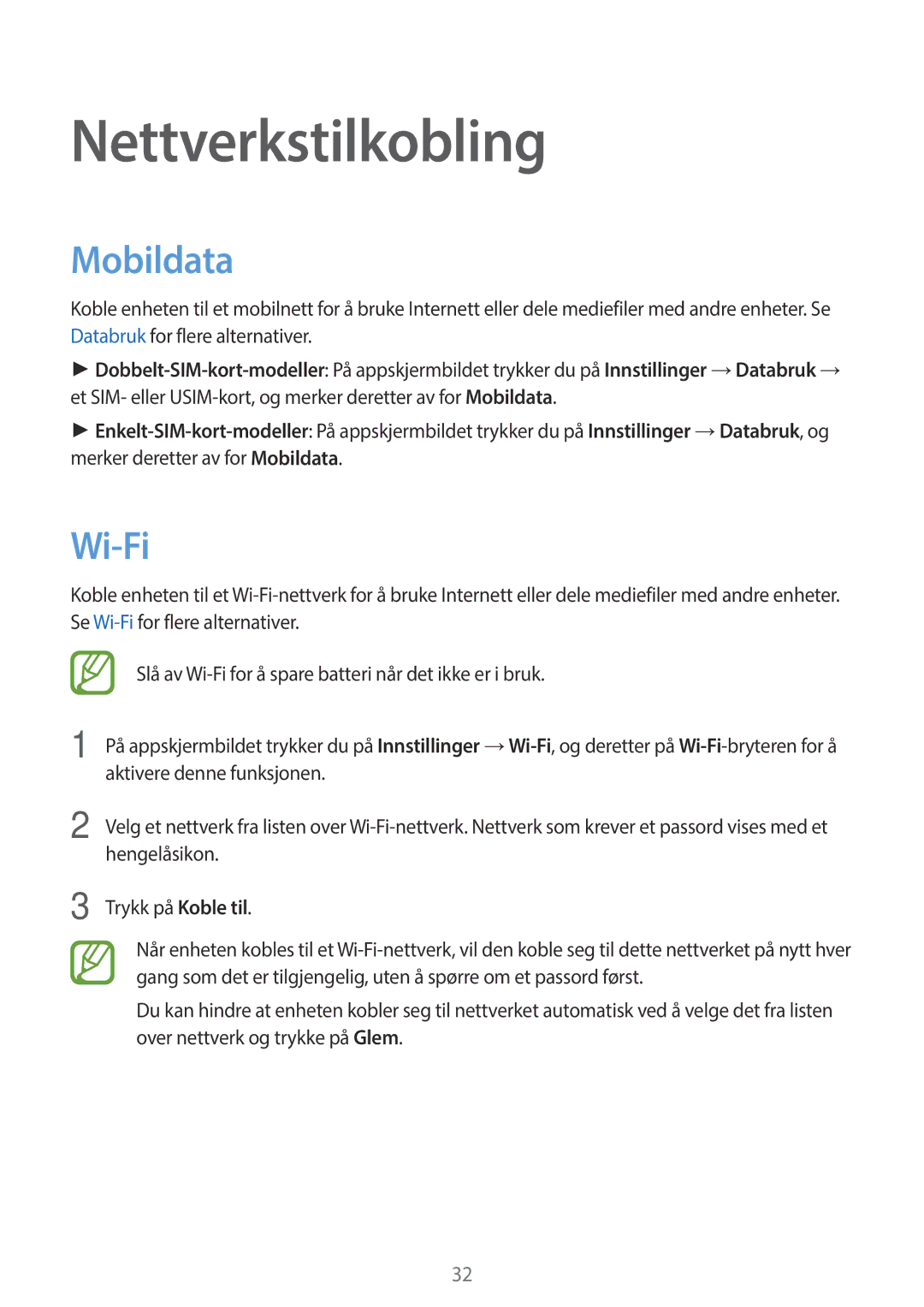 Samsung SM-G318HRWANEE, SM-G318HZKANEE manual Nettverkstilkobling, Mobildata, Wi-Fi 