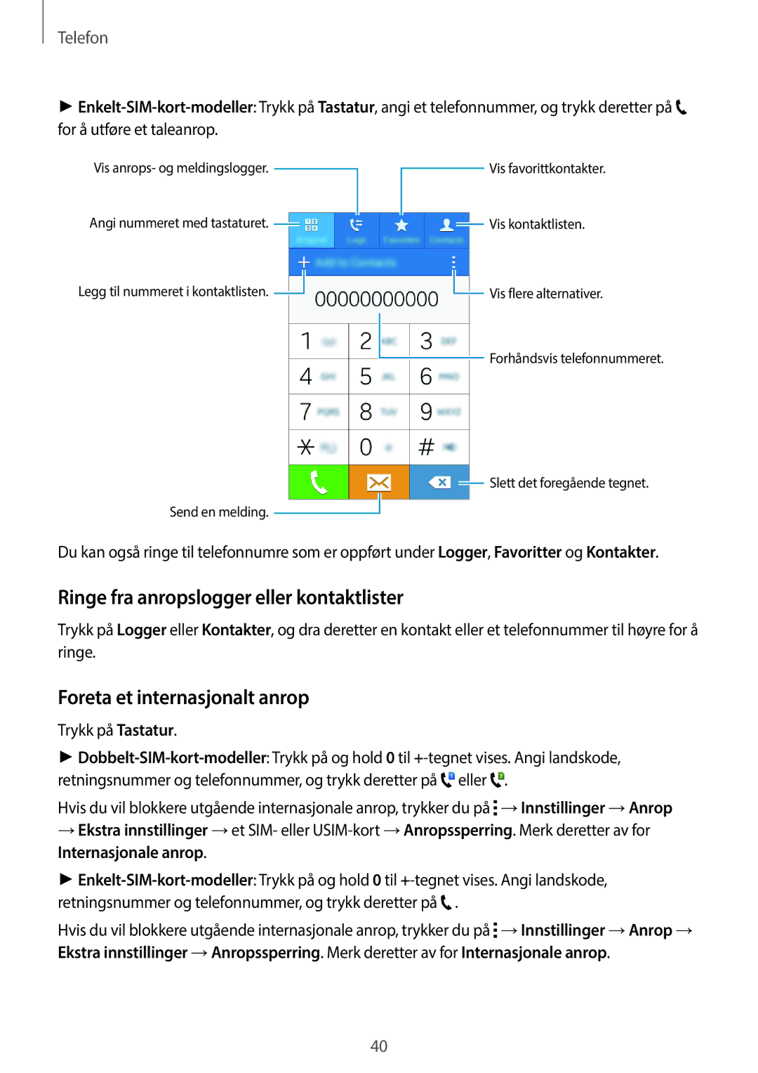 Samsung SM-G318HRWANEE, SM-G318HZKANEE manual Ringe fra anropslogger eller kontaktlister, Foreta et internasjonalt anrop 