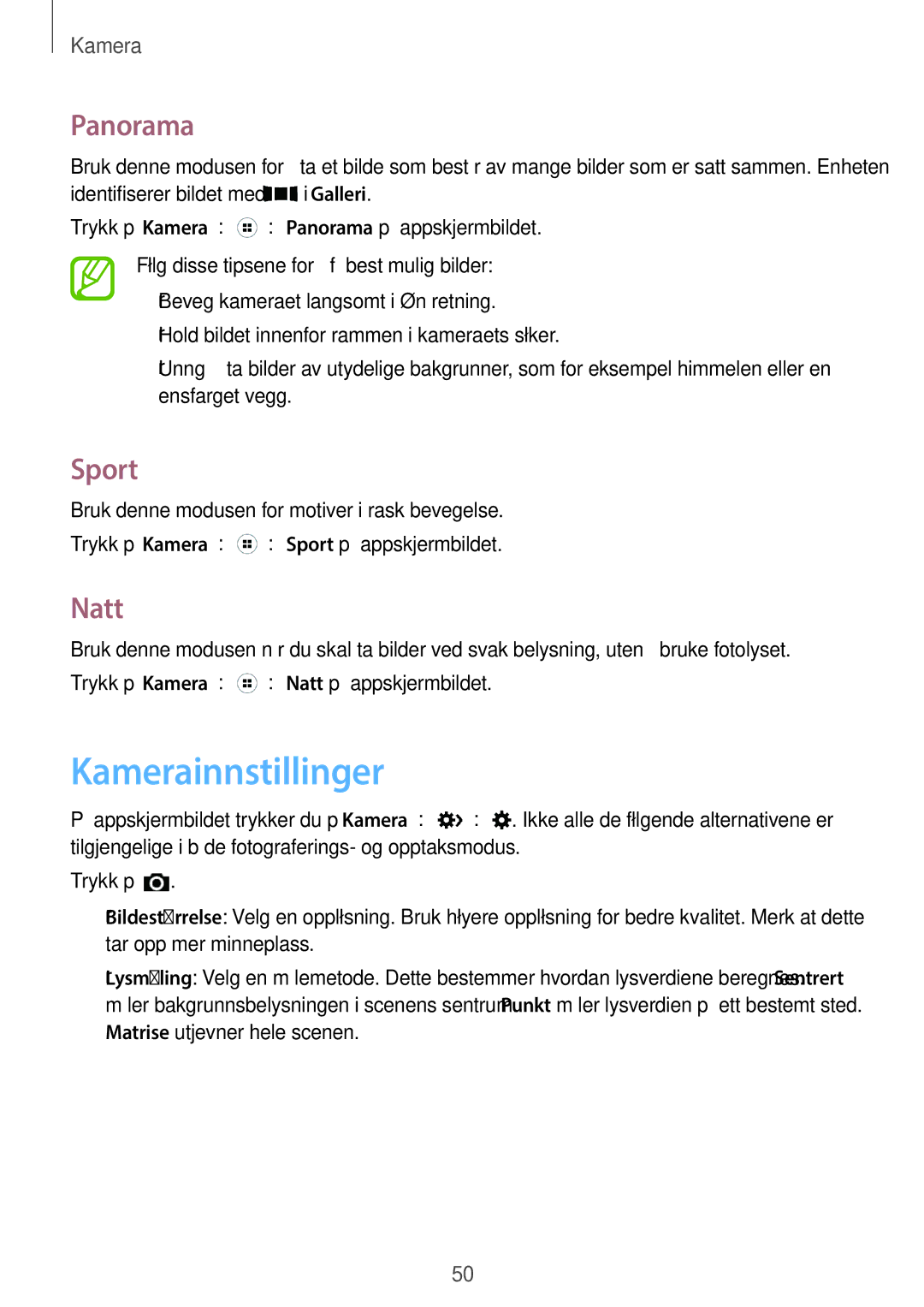Samsung SM-G318HRWANEE, SM-G318HZKANEE manual Kamerainnstillinger, Panorama, Sport, Natt 