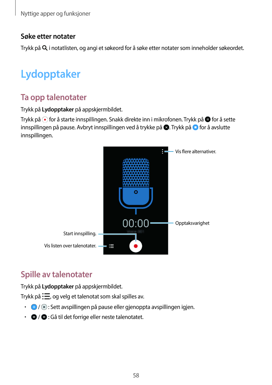 Samsung SM-G318HRWANEE, SM-G318HZKANEE manual Lydopptaker, Ta opp talenotater, Spille av talenotater, Søke etter notater 