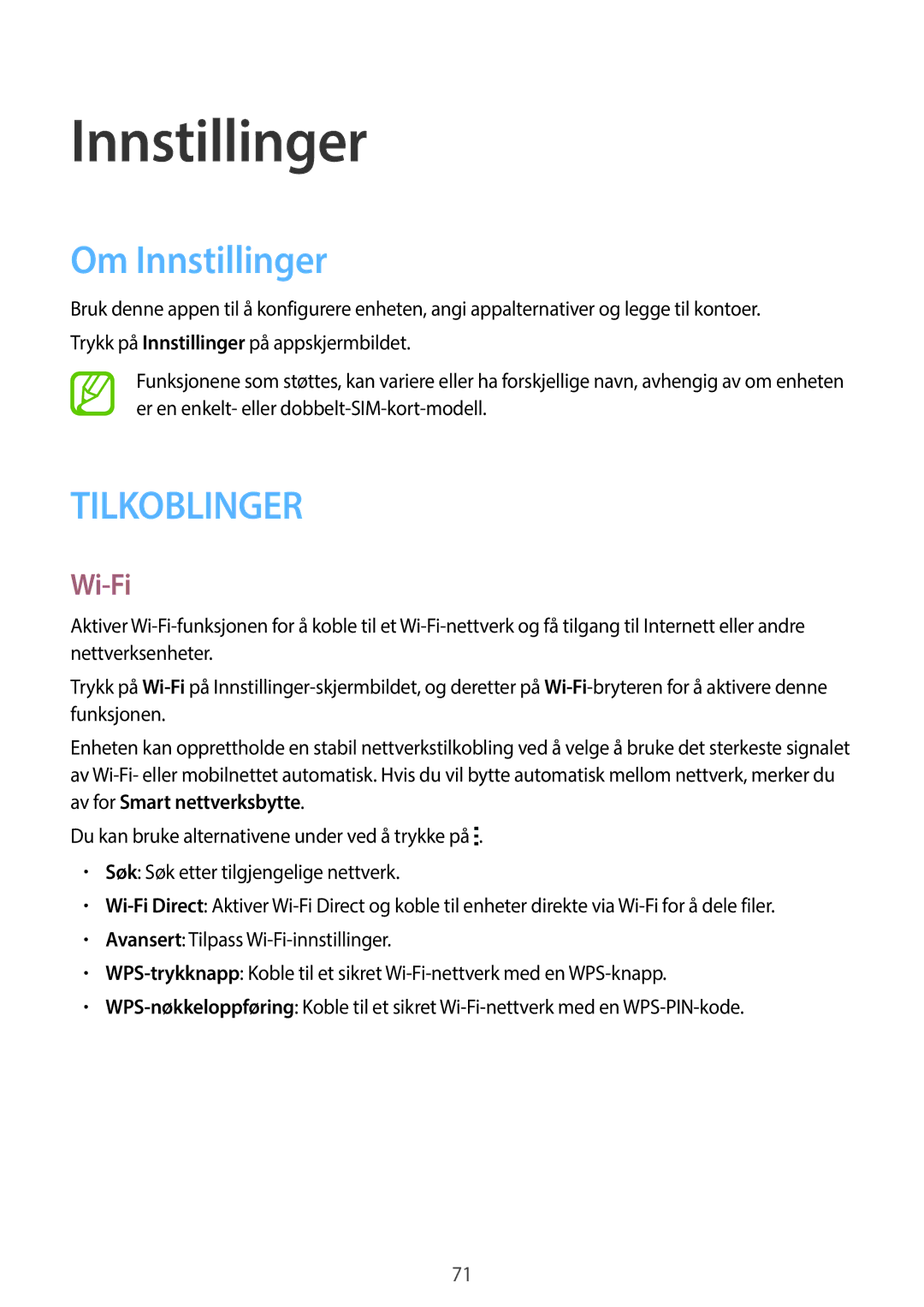 Samsung SM-G318HZKANEE, SM-G318HRWANEE manual Om Innstillinger, Wi-Fi 