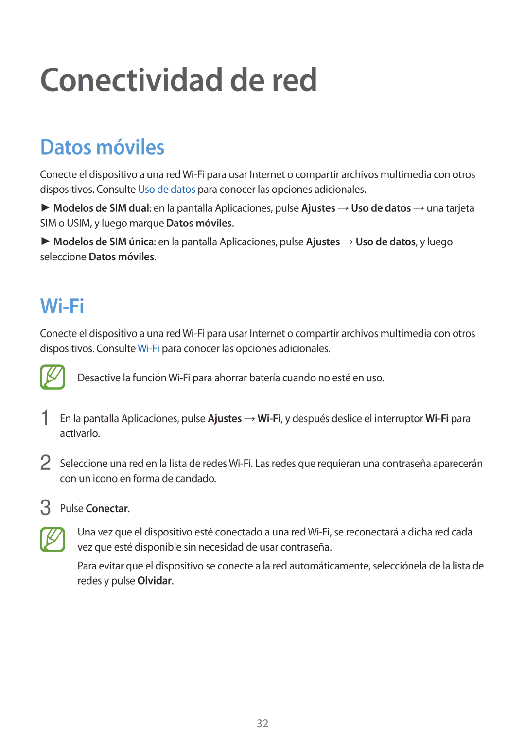 Samsung SM-G318HRWAPHE manual Conectividad de red, Datos móviles, Wi-Fi, Pulse Conectar 