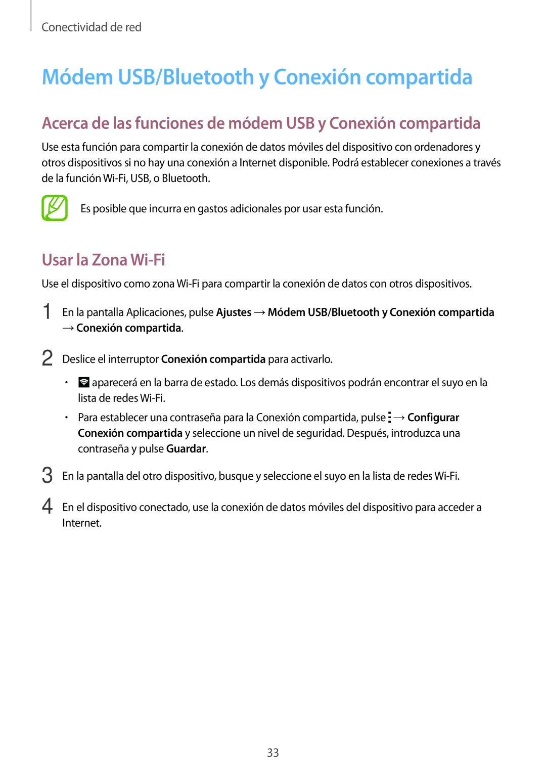 Samsung SM-G318HRWAPHE manual Módem USB/Bluetooth y Conexión compartida, Usar la Zona Wi-Fi 
