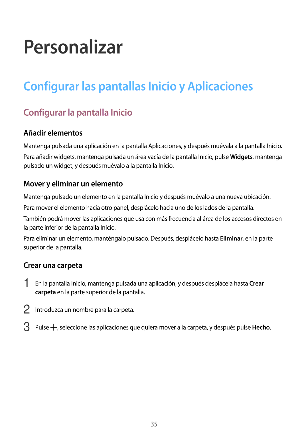 Samsung SM-G318HRWAPHE manual Personalizar, Configurar las pantallas Inicio y Aplicaciones, Configurar la pantalla Inicio 