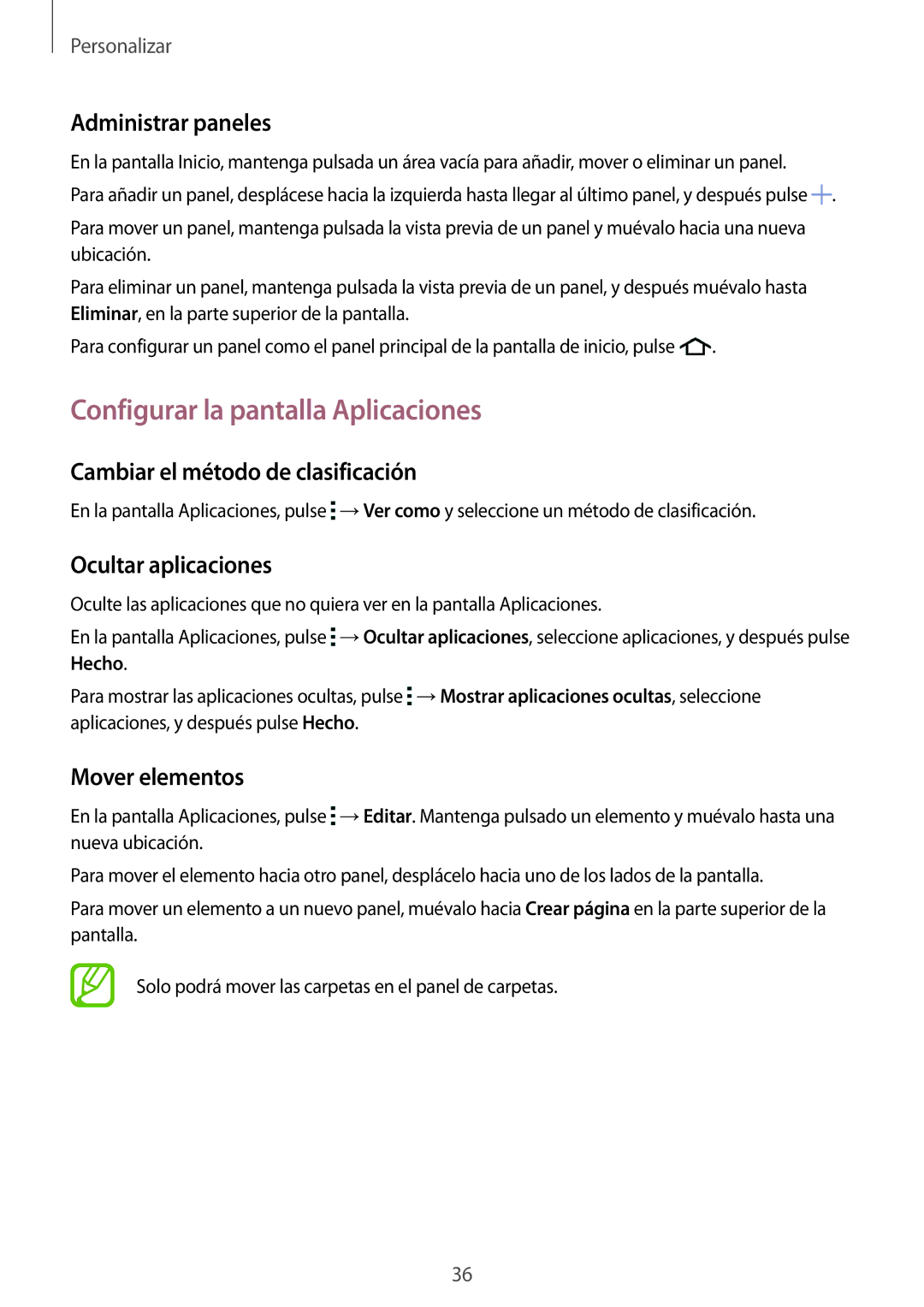 Samsung SM-G318HRWAPHE manual Configurar la pantalla Aplicaciones, Administrar paneles, Cambiar el método de clasificación 