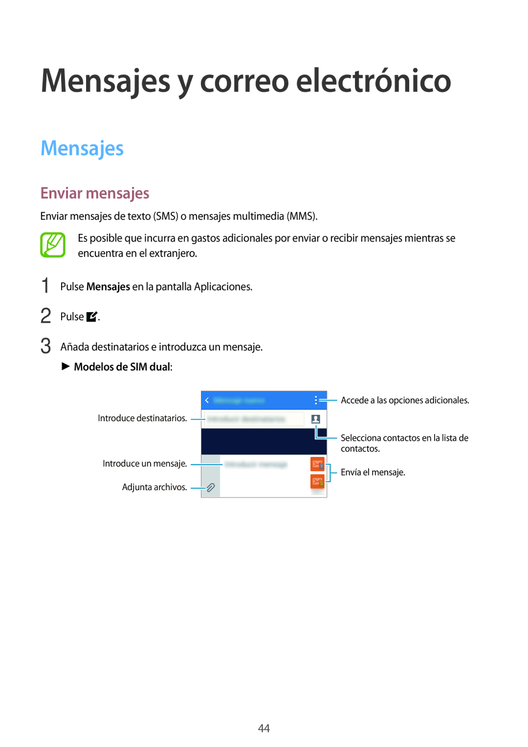 Samsung SM-G318HRWAPHE manual Mensajes, Enviar mensajes, Modelos de SIM dual 