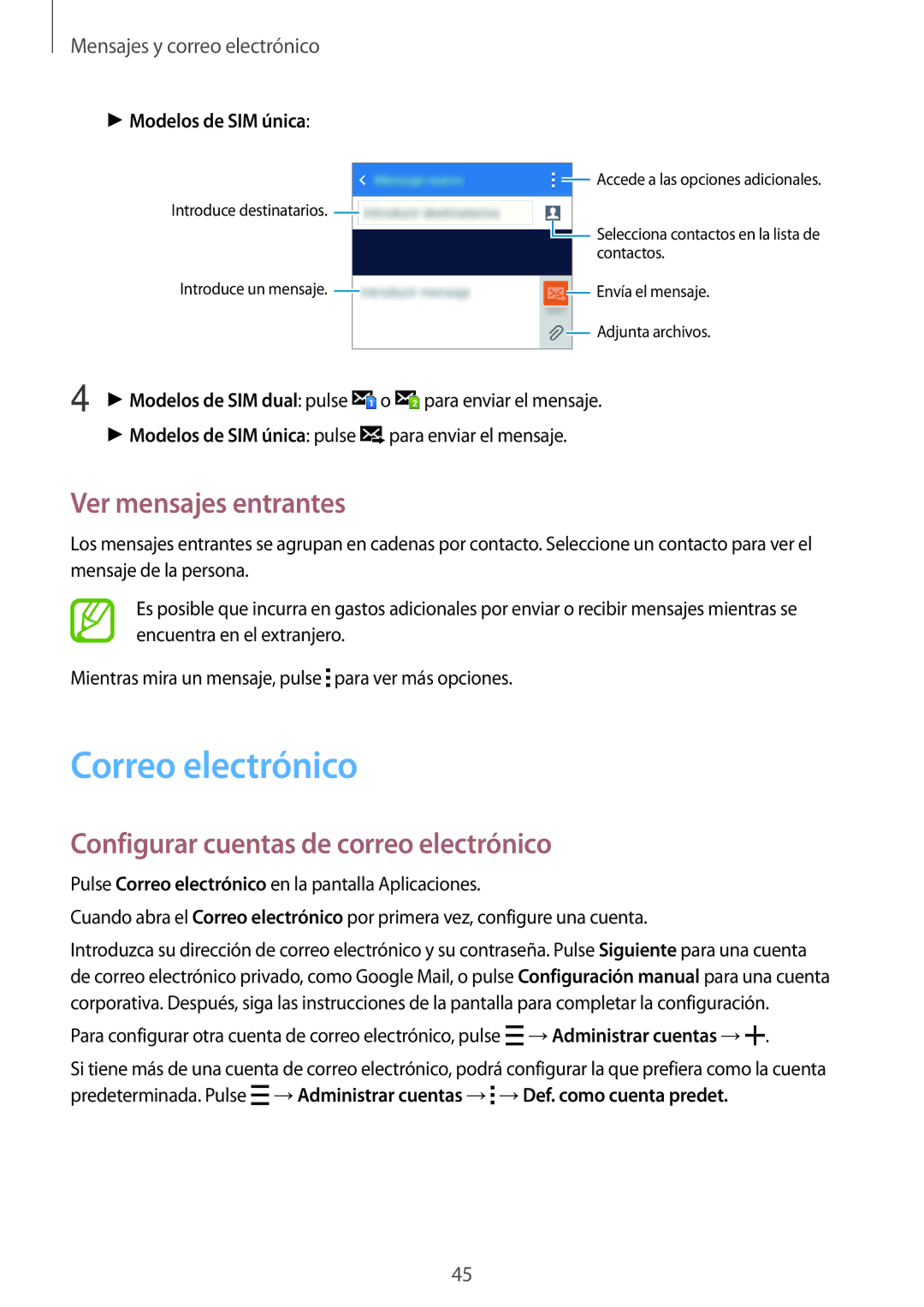 Samsung SM-G318HRWAPHE manual Correo electrónico, Ver mensajes entrantes, Configurar cuentas de correo electrónico 