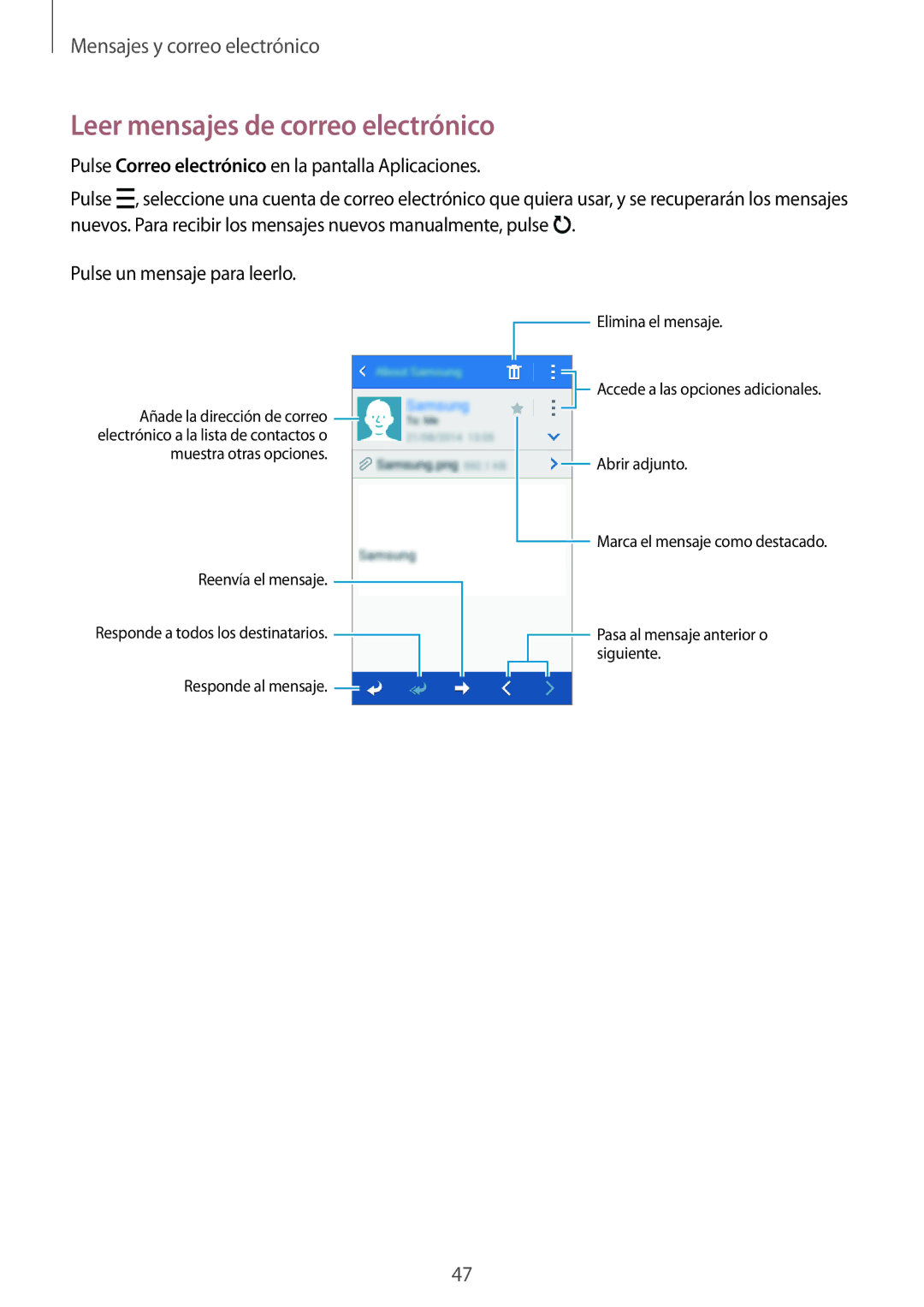 Samsung SM-G318HRWAPHE manual Leer mensajes de correo electrónico 