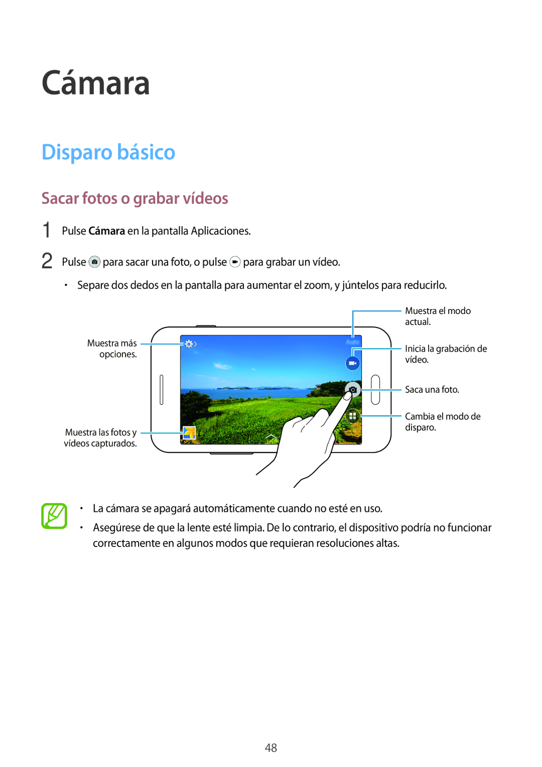 Samsung SM-G318HRWAPHE manual Cámara, Disparo básico, Sacar fotos o grabar vídeos 