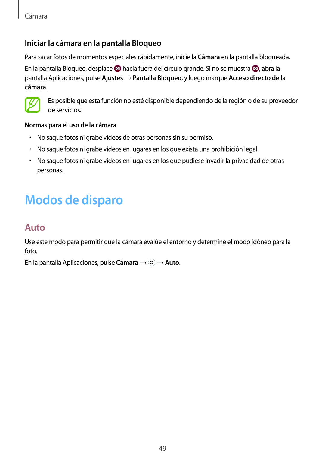 Samsung SM-G318HRWAPHE Modos de disparo, Auto, Iniciar la cámara en la pantalla Bloqueo, Normas para el uso de la cámara 