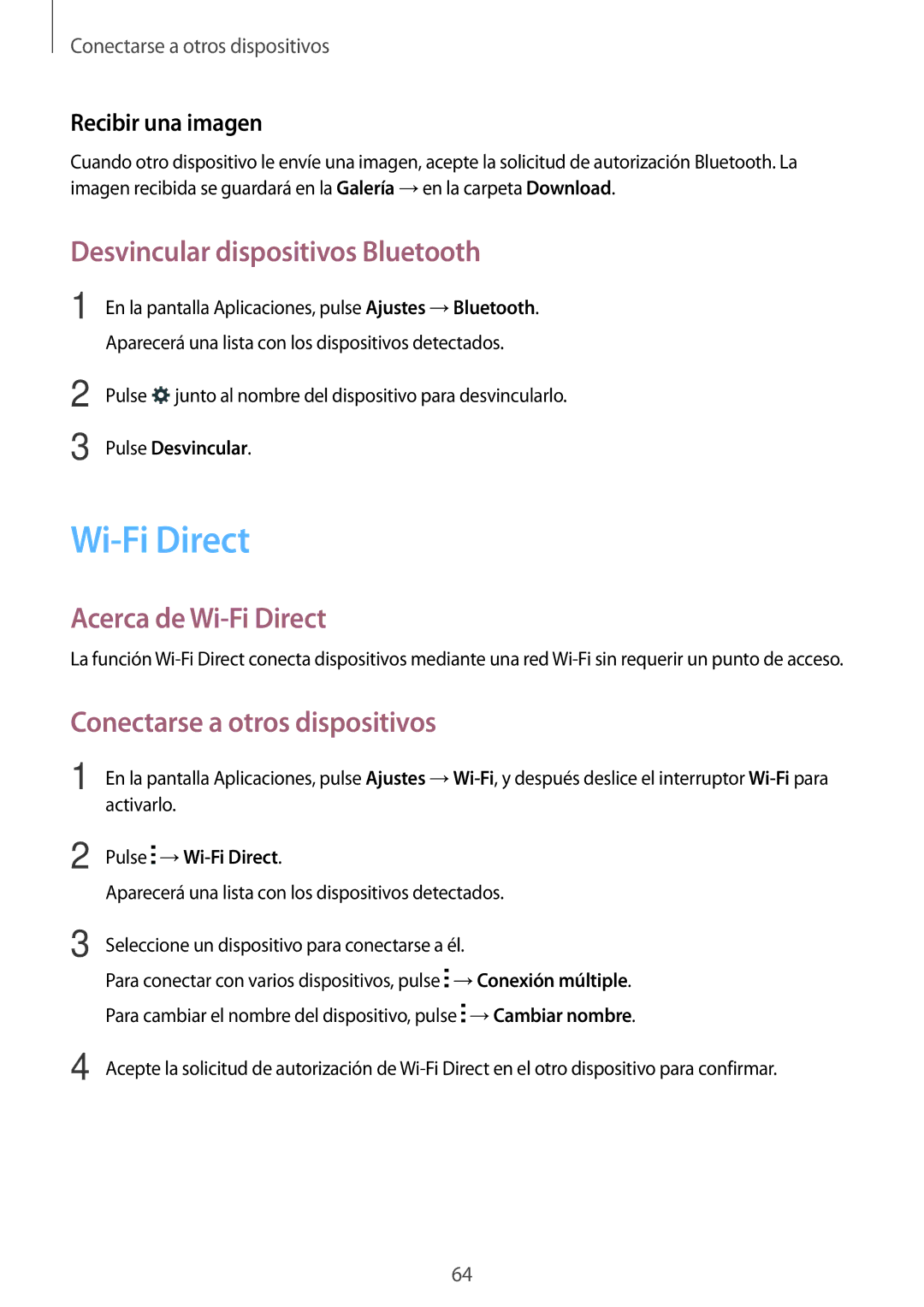 Samsung SM-G318HRWAPHE Desvincular dispositivos Bluetooth, Acerca de Wi-Fi Direct, Conectarse a otros dispositivos 