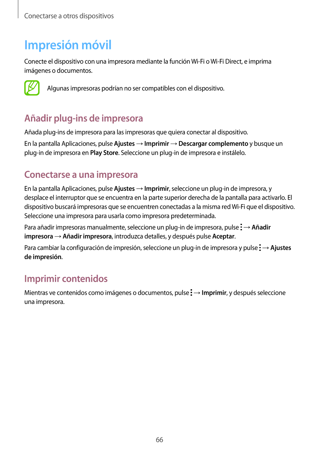 Samsung SM-G318HRWAPHE Impresión móvil, Añadir plug-ins de impresora, Conectarse a una impresora, Imprimir contenidos 