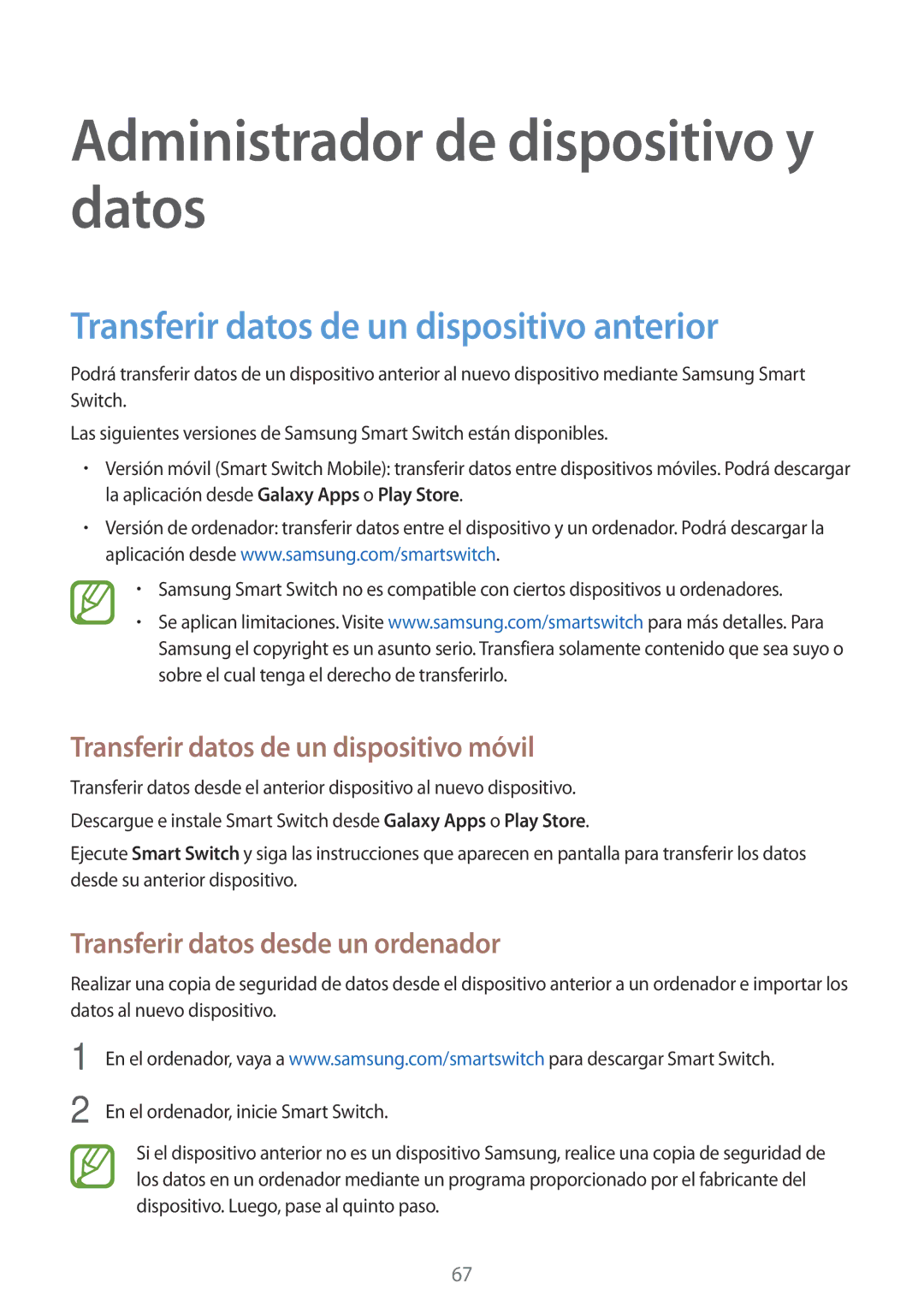 Samsung SM-G318HRWAPHE manual Administrador de dispositivo y datos, Transferir datos de un dispositivo anterior 