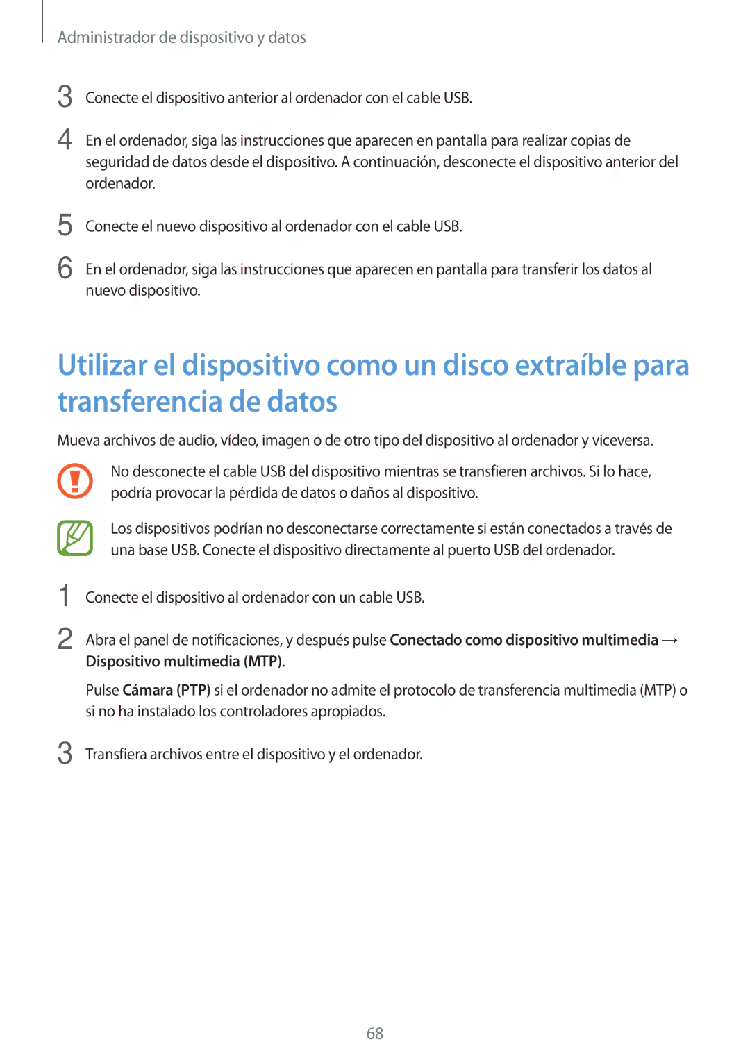 Samsung SM-G318HRWAPHE manual Administrador de dispositivo y datos, Dispositivo multimedia MTP 