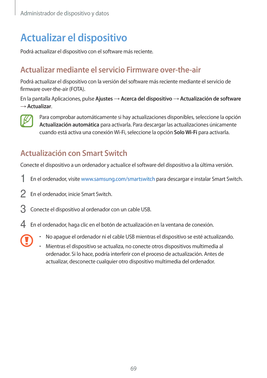 Samsung SM-G318HRWAPHE manual Actualizar el dispositivo, Actualizar mediante el servicio Firmware over-the-air 