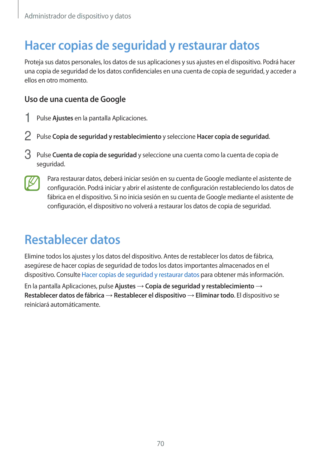 Samsung SM-G318HRWAPHE manual Hacer copias de seguridad y restaurar datos, Restablecer datos, Uso de una cuenta de Google 