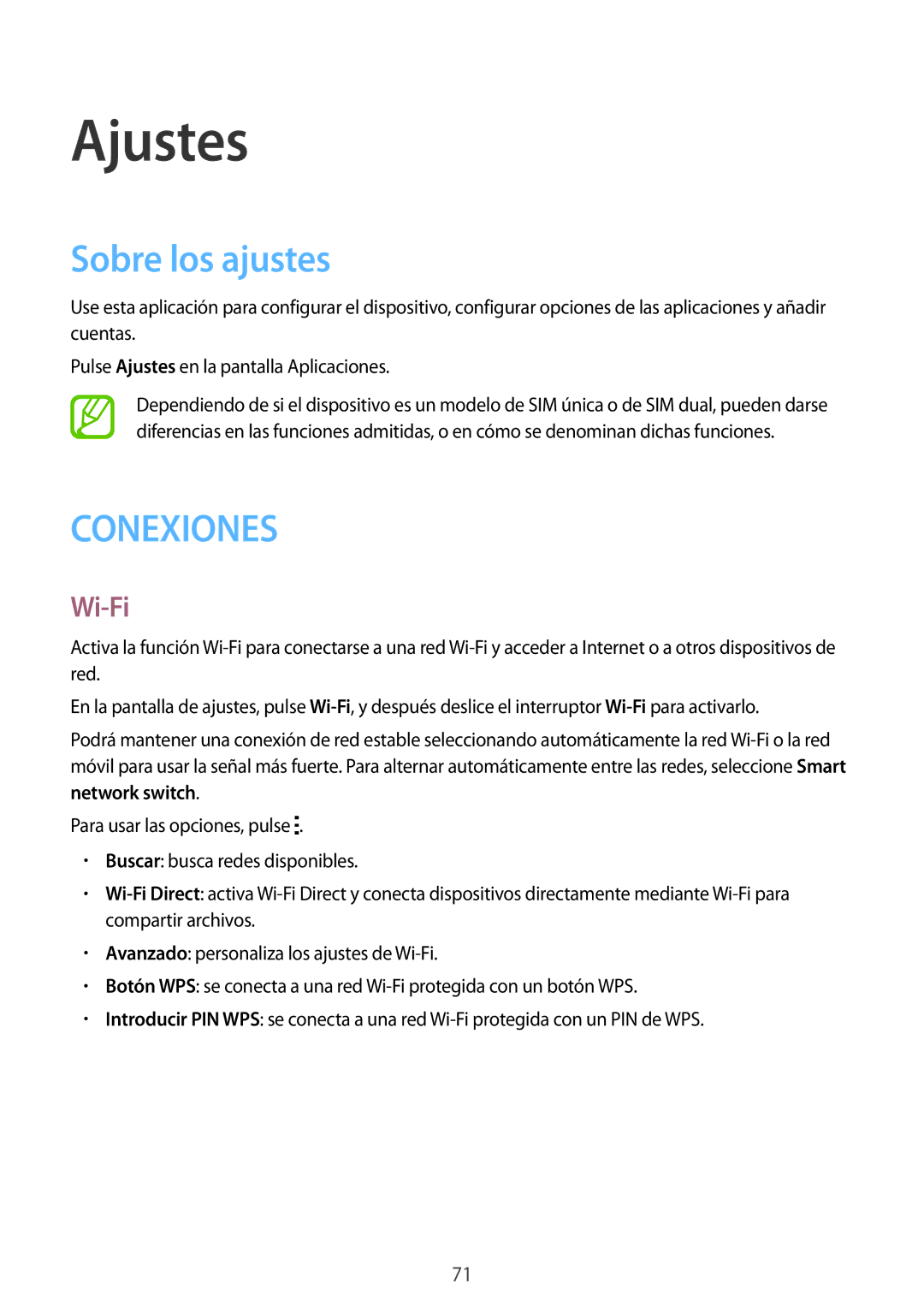 Samsung SM-G318HRWAPHE manual Ajustes, Sobre los ajustes, Wi-Fi 