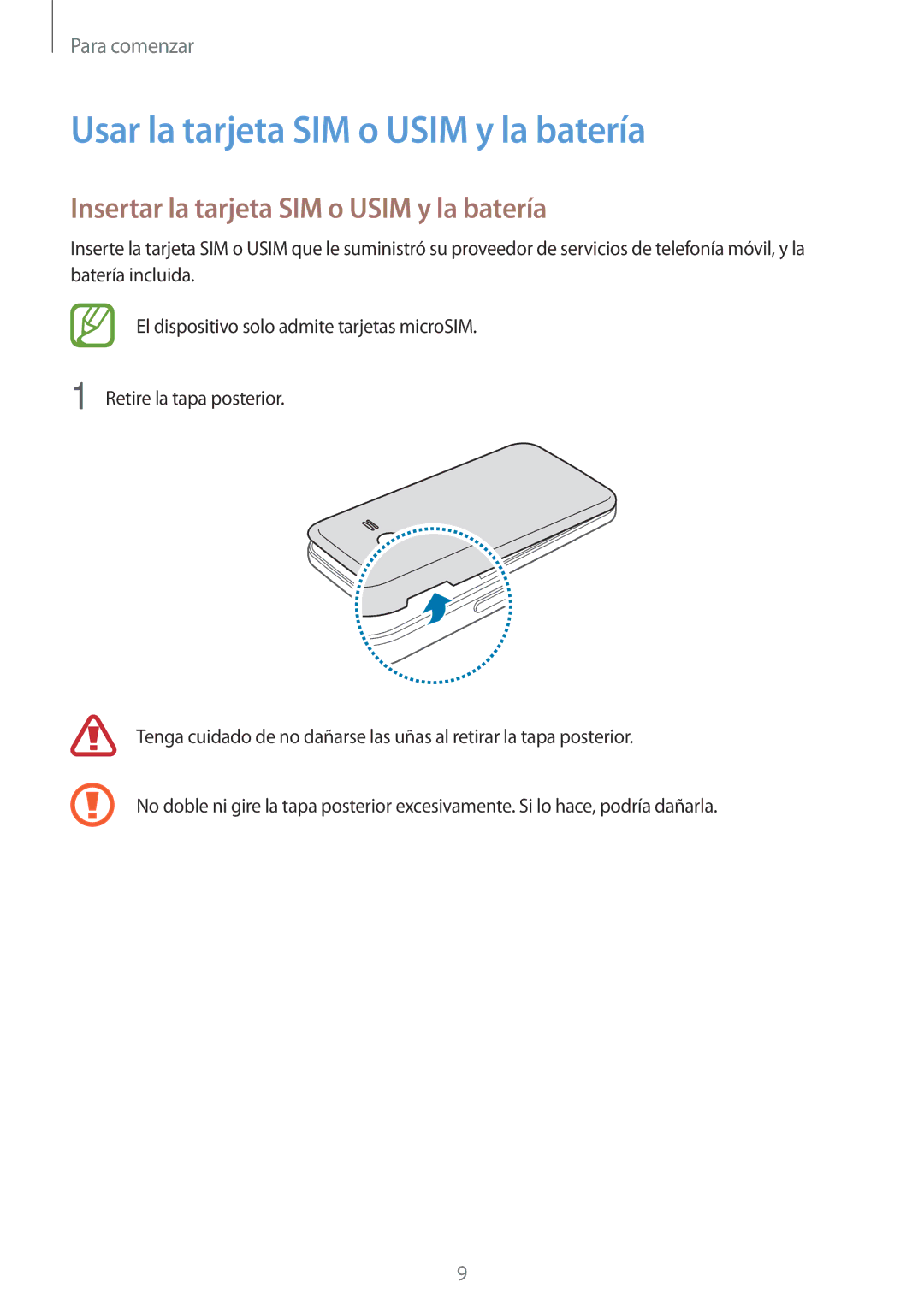 Samsung SM-G318HRWAPHE manual Usar la tarjeta SIM o Usim y la batería, Insertar la tarjeta SIM o Usim y la batería 