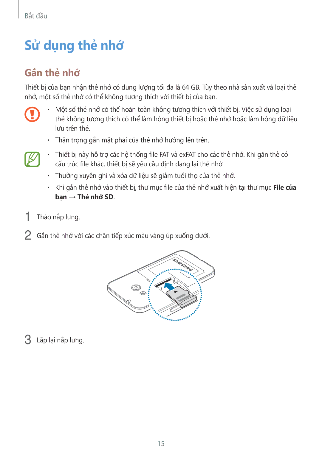 Samsung SM-G318HZKZXXV, SM-G318HRWZXXV manual Sử dụng thẻ nhớ, Gắn thẻ nhớ 