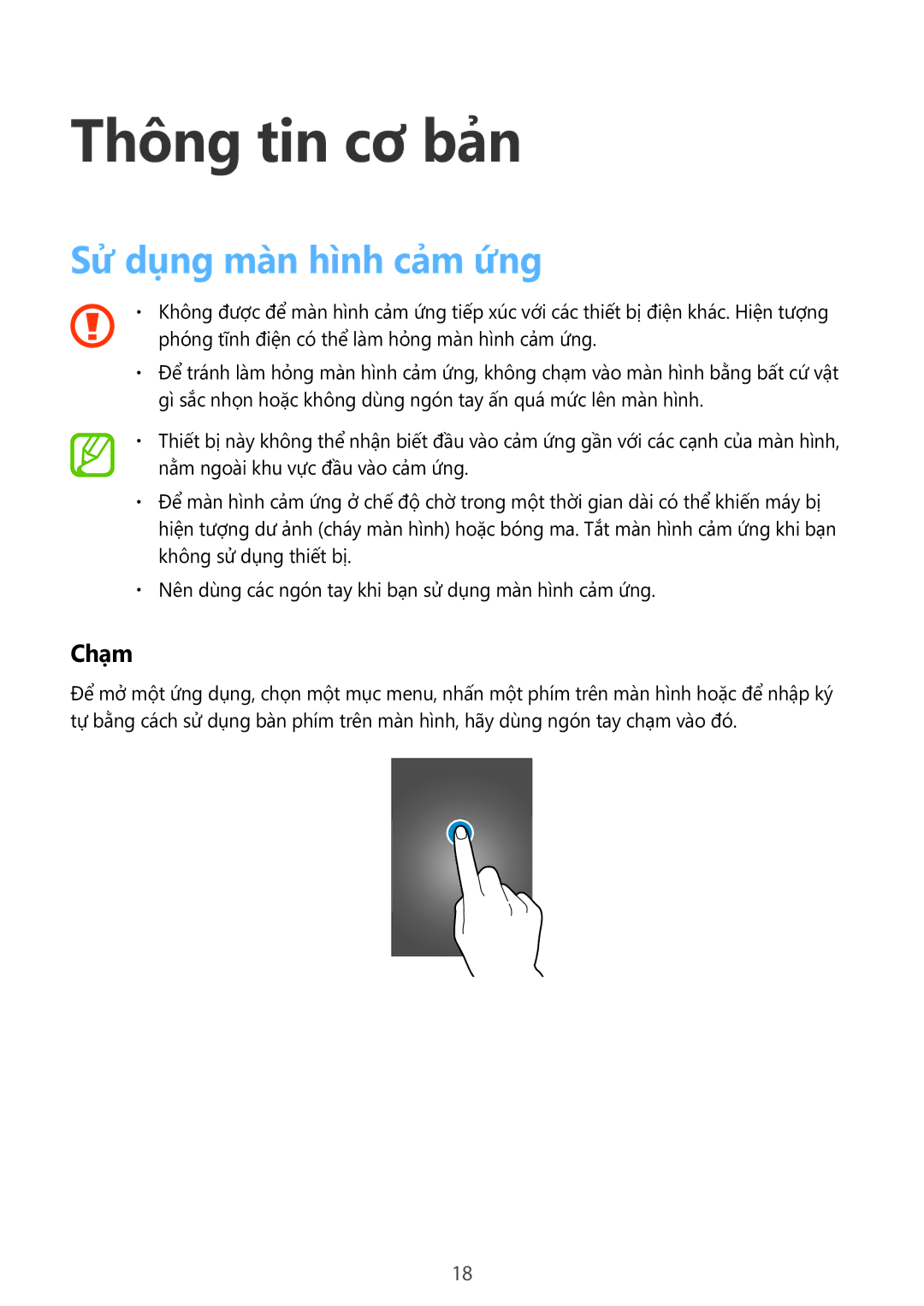 Samsung SM-G318HRWZXXV, SM-G318HZKZXXV manual Thông tin cơ bản, Sử dụng màn hình cảm ứng, Chạm 