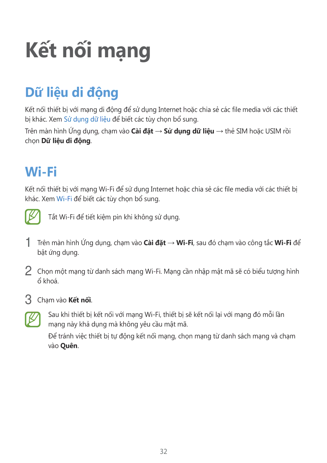 Samsung SM-G318HRWZXXV, SM-G318HZKZXXV manual Kết nối mạng, Dữ liệu di động, Wi-Fi 