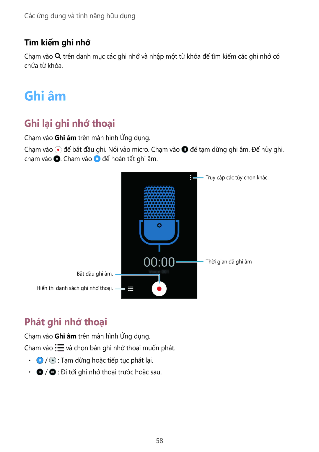 Samsung SM-G318HRWZXXV, SM-G318HZKZXXV manual Ghi âm, Ghi lại ghi nhớ thoại, Phát ghi nhớ thoại, Tìm kiếm ghi nhớ 