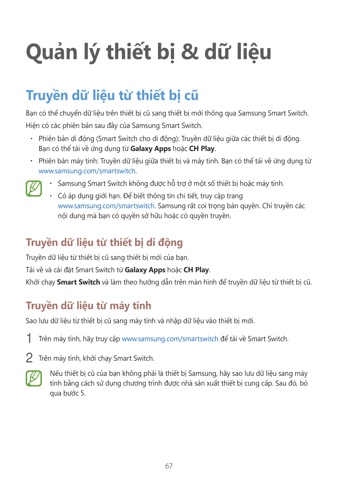 Samsung SM-G318HZKZXXV manual Quản lý thiết bị & dữ liệu, Truyền dữ liệu từ thiết bị cũ, Truyền dữ liệu từ thiết bị di động 