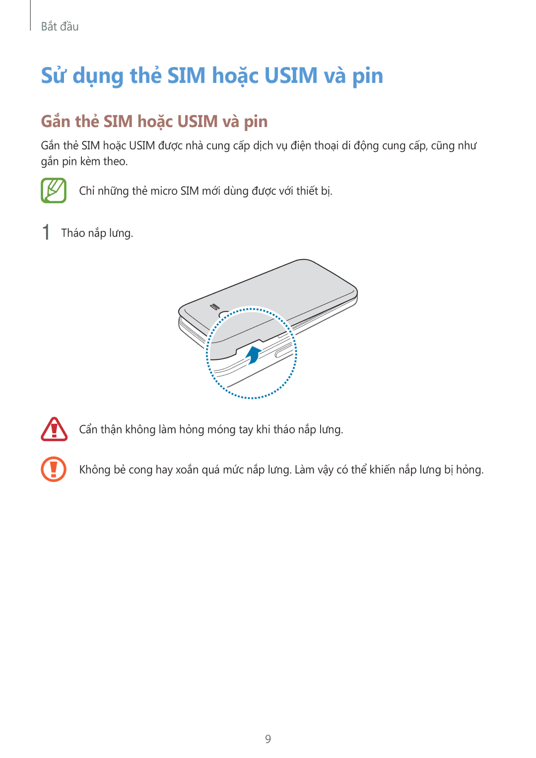 Samsung SM-G318HZKZXXV, SM-G318HRWZXXV manual Sử dụng thẻ SIM hoặc Usim và pin, Gắn thẻ SIM hoặc Usim và pin 