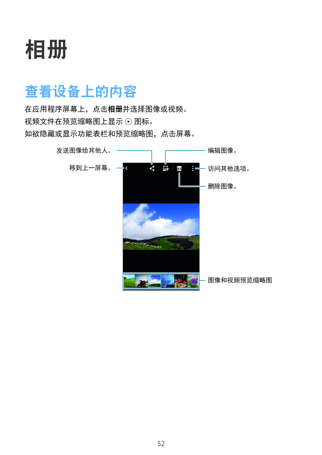 Samsung SM-G318HRWZXXV, SM-G318HZKZXXV manual 查看设备上的内容, 如欲隐藏或显示功能表栏和预览缩略图，点击屏幕。 