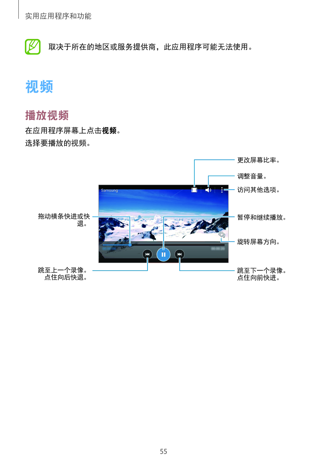 Samsung SM-G318HZKZXXV, SM-G318HRWZXXV manual 播放视频, 在应用程序屏幕上点击视频。 选择要播放的视频。 