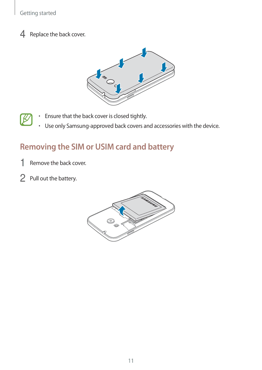 Samsung SM-G318HZKZXXV, SM-G318HRWZXXV manual Removing the SIM or Usim card and battery 