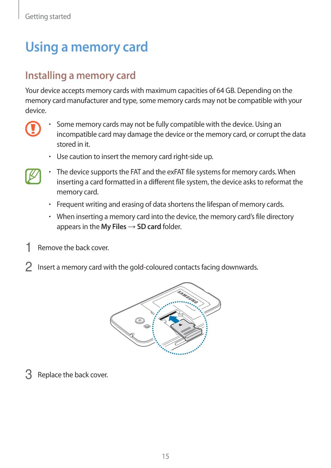 Samsung SM-G318HZKZXXV, SM-G318HRWZXXV manual Using a memory card, Installing a memory card 