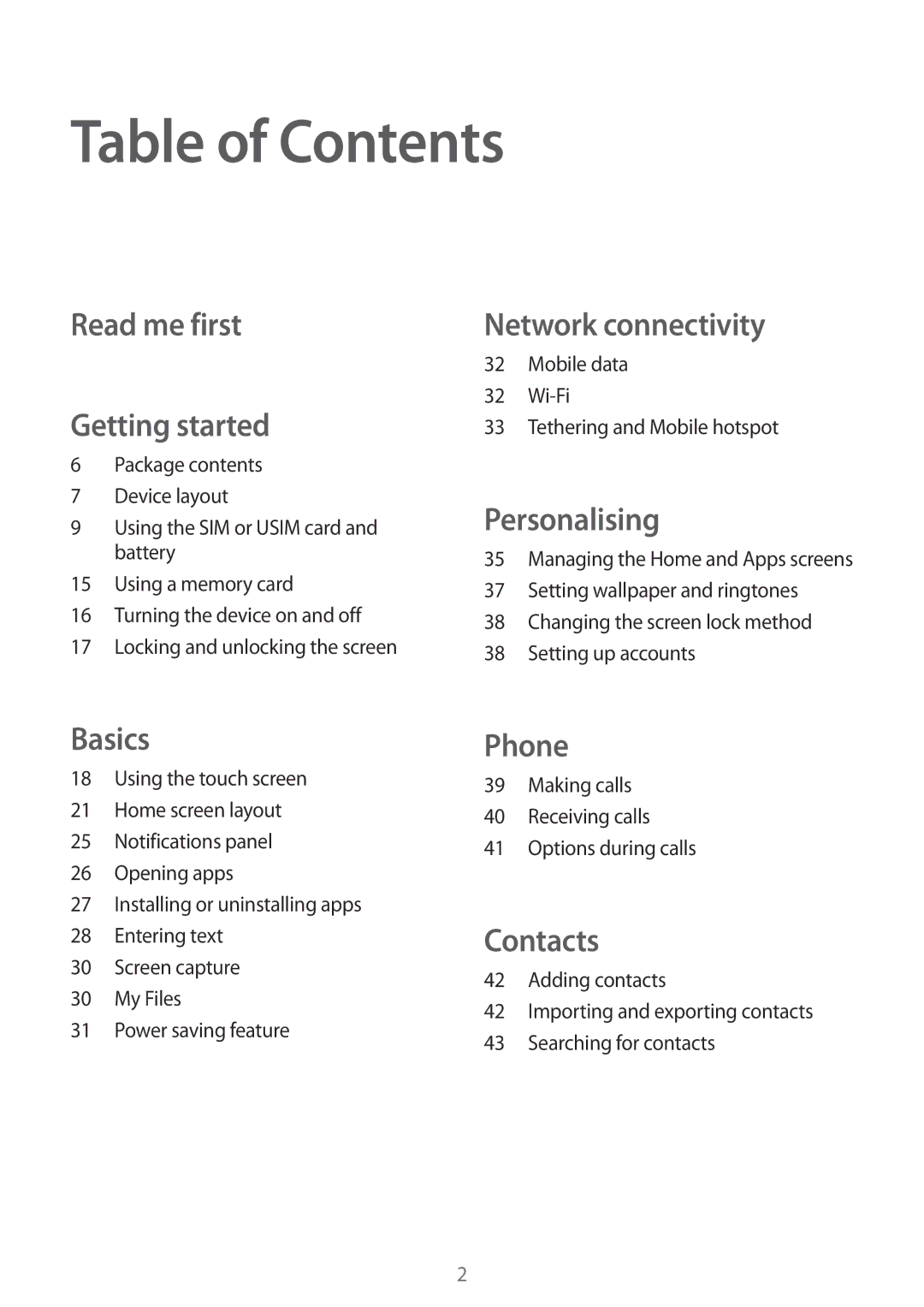 Samsung SM-G318HRWZXXV, SM-G318HZKZXXV manual Table of Contents 