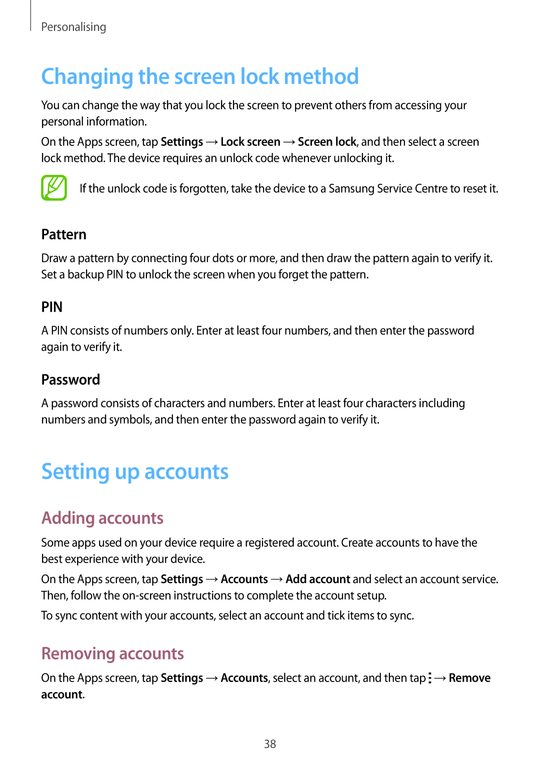 Samsung SM-G318HRWZXXV manual Changing the screen lock method, Setting up accounts, Adding accounts, Removing accounts 