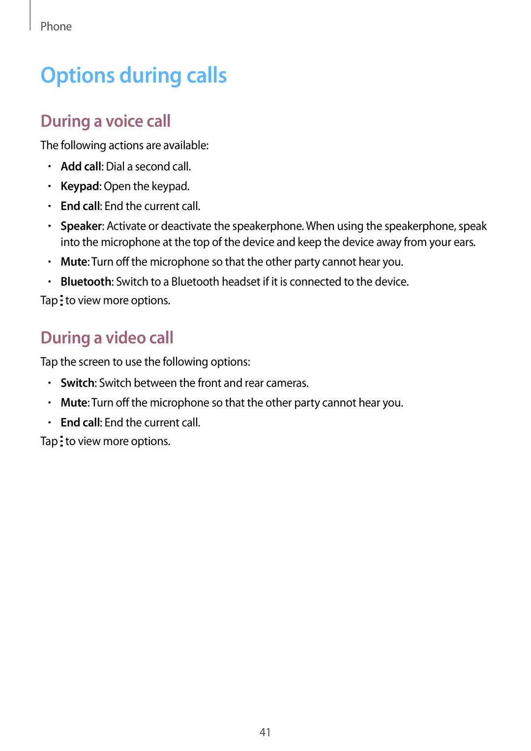 Samsung SM-G318HZKZXXV, SM-G318HRWZXXV manual Options during calls, During a voice call, During a video call 