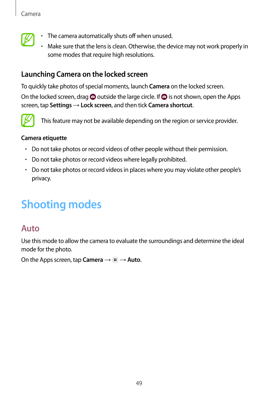 Samsung SM-G318HZKZXXV, SM-G318HRWZXXV manual Shooting modes, Auto, Launching Camera on the locked screen, Camera etiquette 