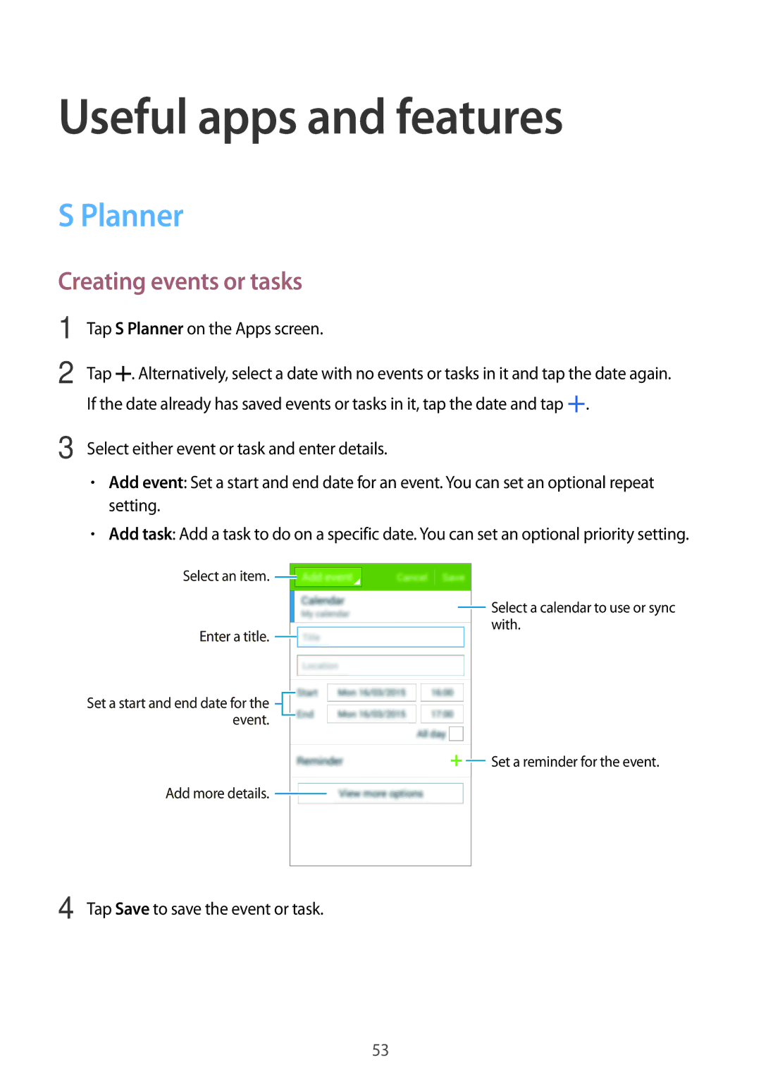 Samsung SM-G318HZKZXXV, SM-G318HRWZXXV manual Useful apps and features, Planner, Creating events or tasks 