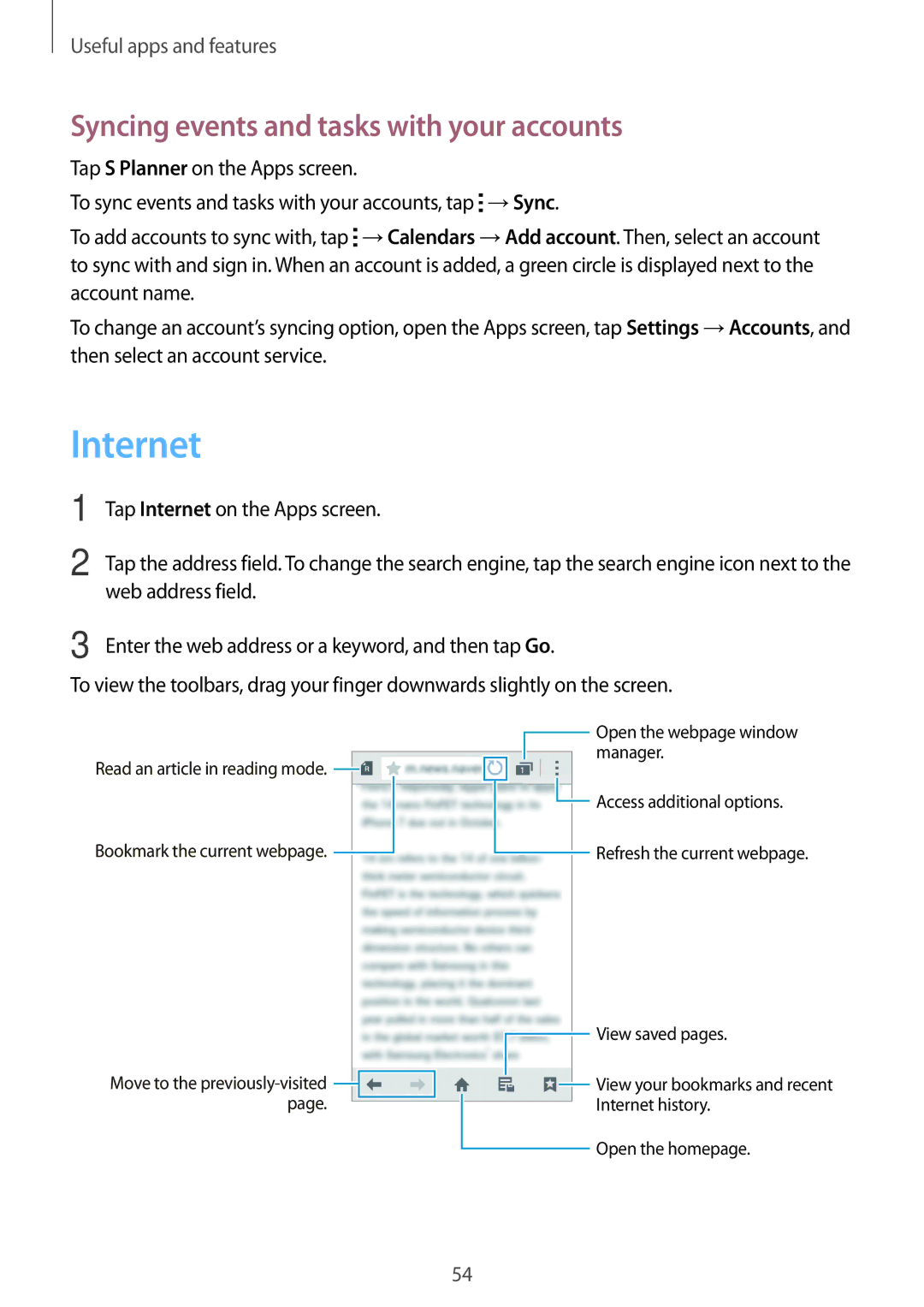 Samsung SM-G318HRWZXXV, SM-G318HZKZXXV manual Internet, Syncing events and tasks with your accounts 