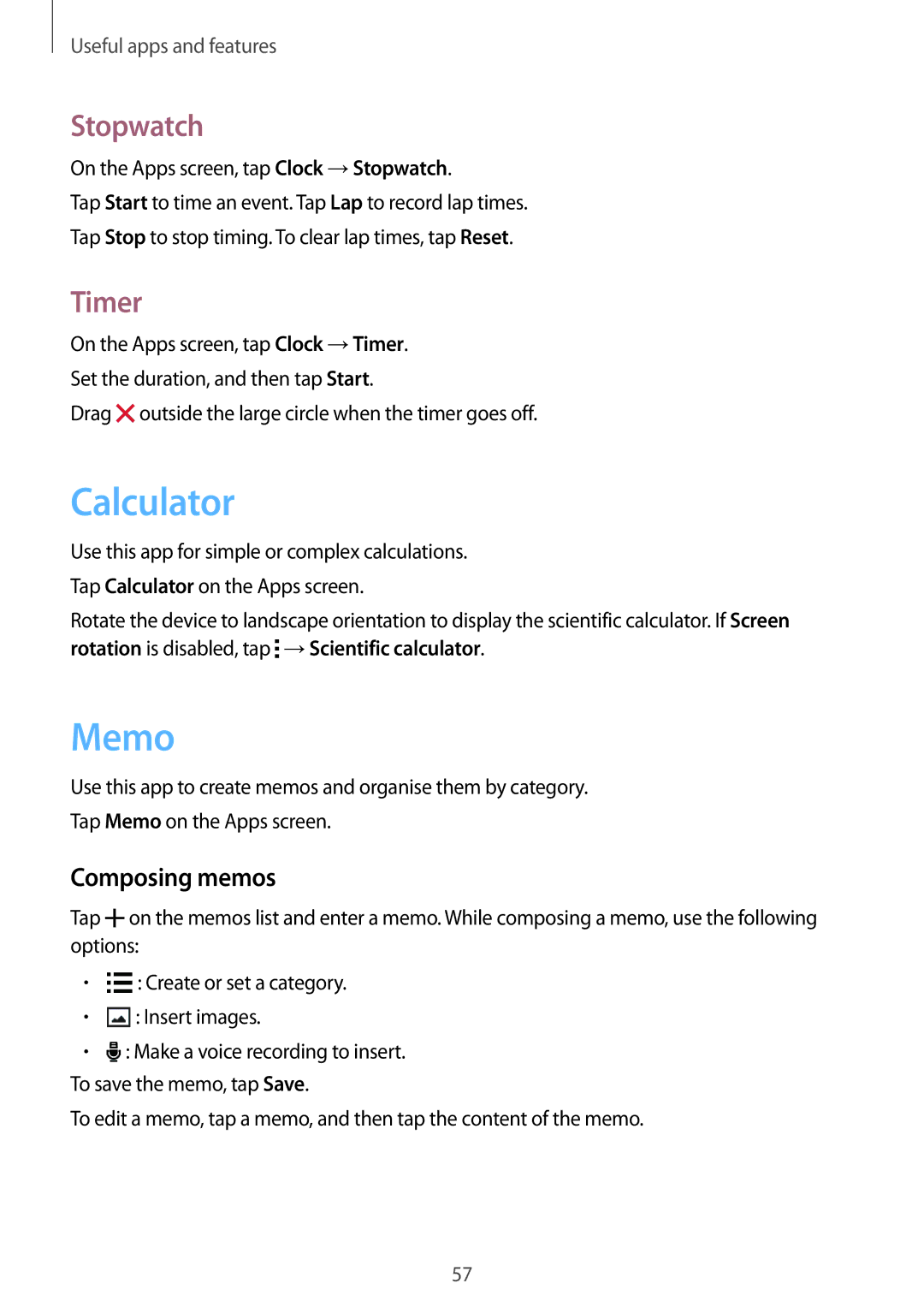 Samsung SM-G318HZKZXXV, SM-G318HRWZXXV manual Calculator, Memo, Stopwatch, Timer, Composing memos 